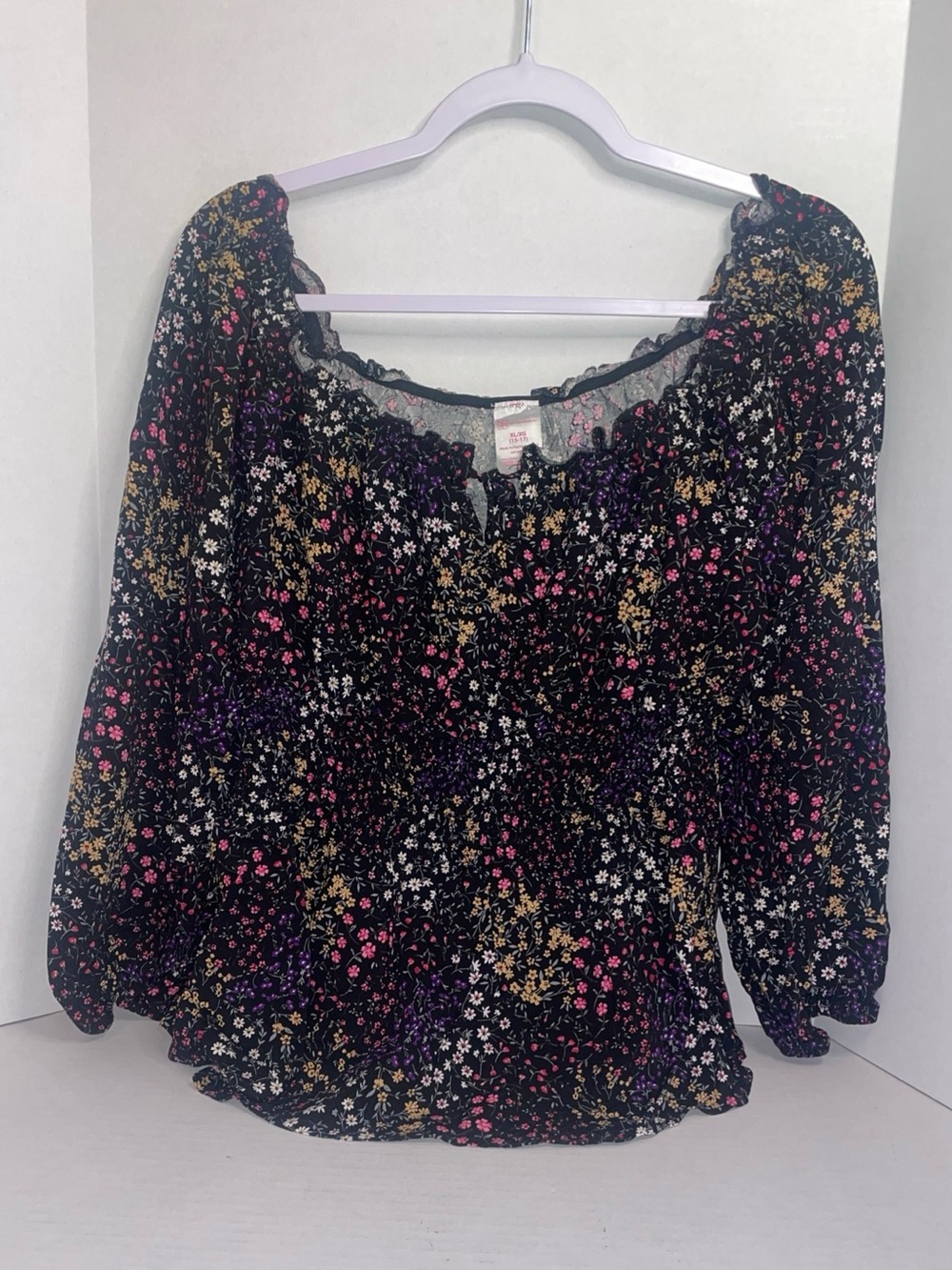 No Boundaries Juniors Women Smocked Peasant Top Shirt Black Floral XL 15-17 Boho